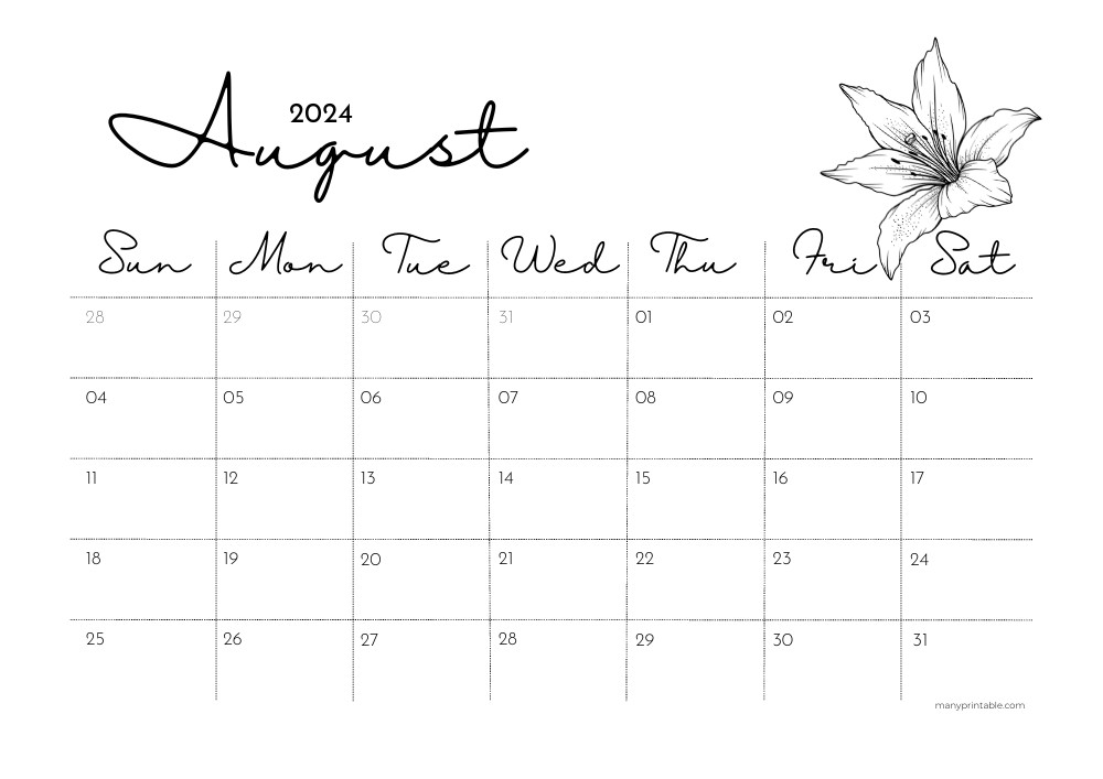 Printable August 2024 Calendar Floral
