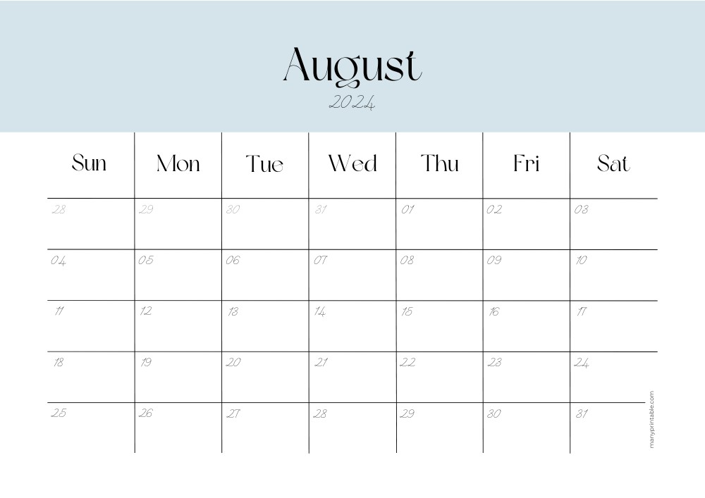 August 2024 Printable Calendar Light Blue