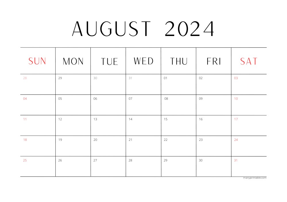 Simple 2024 Printable August Calendar