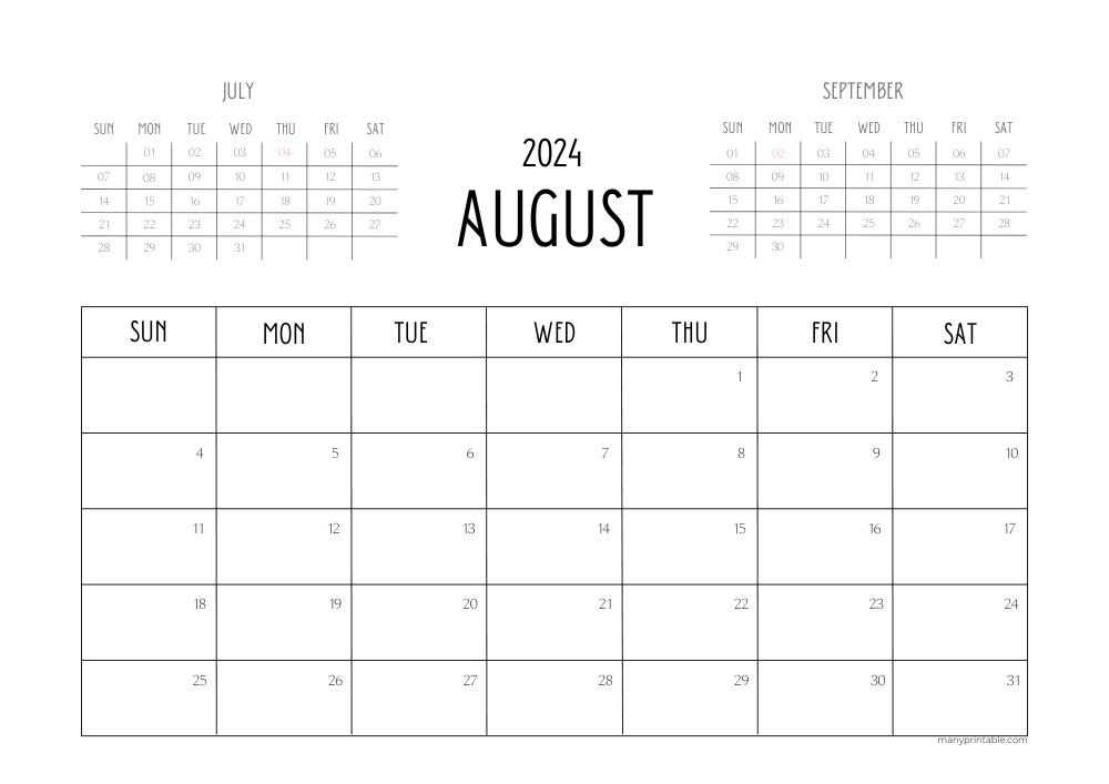 August 2024 Calendar with July and September Preview