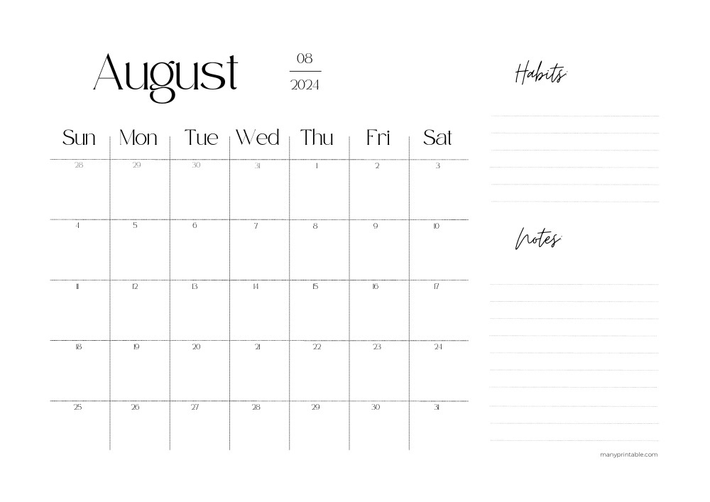 August 2024 Printable Calendar with Lines