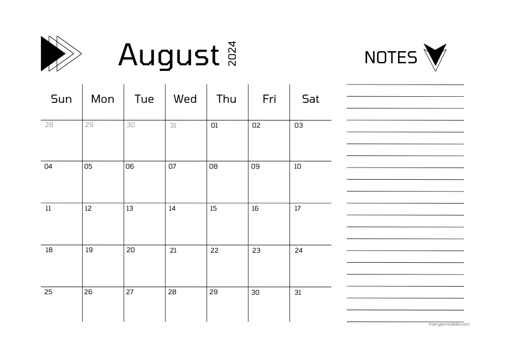 2024 August Calendar with Lines