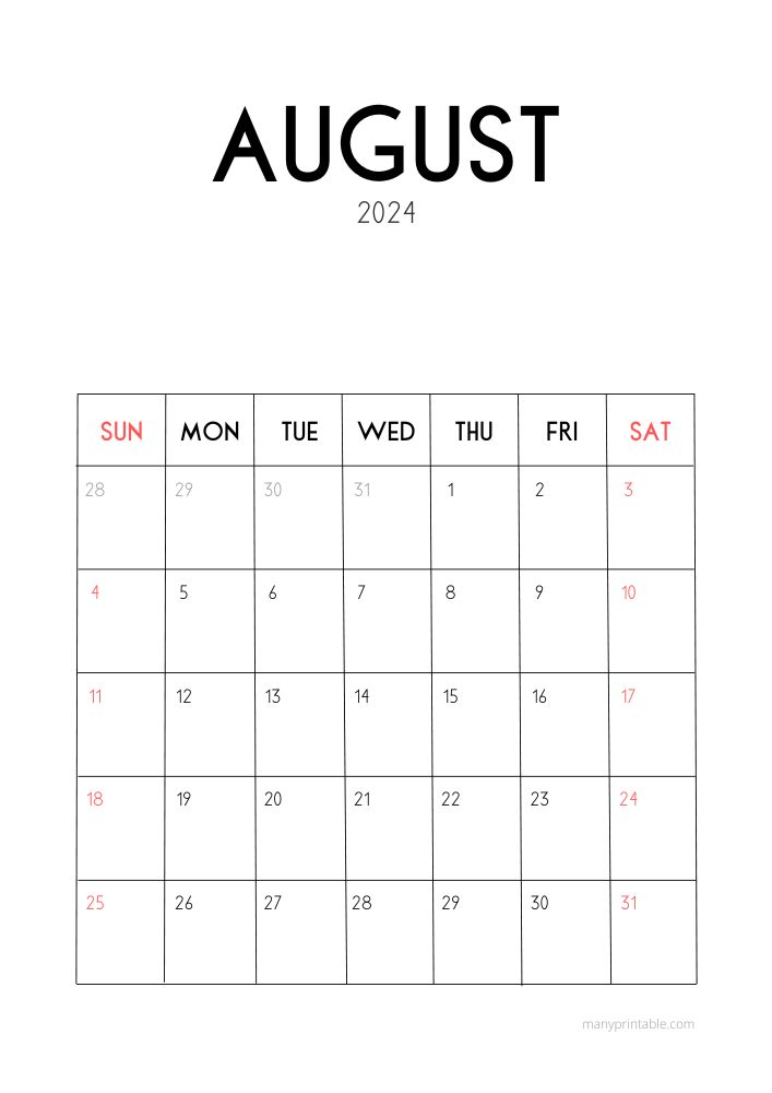 Vertical August 2024 Calendar