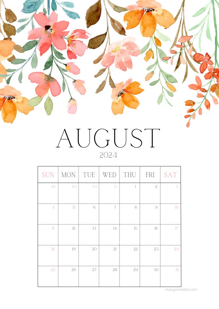 August 2024 Floral Calendar to Print