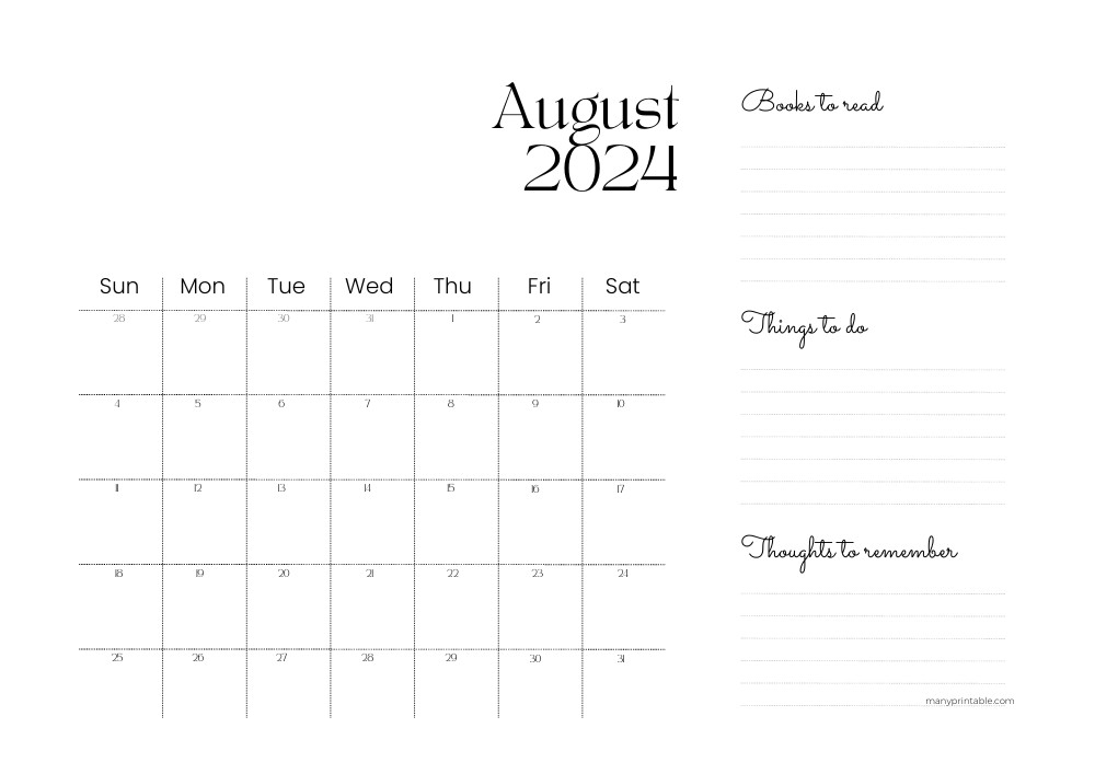 August 2024 Functional Calendar with Notes