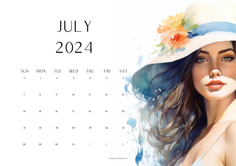 July 2024 Printable Calendar with a watercolor Portrait