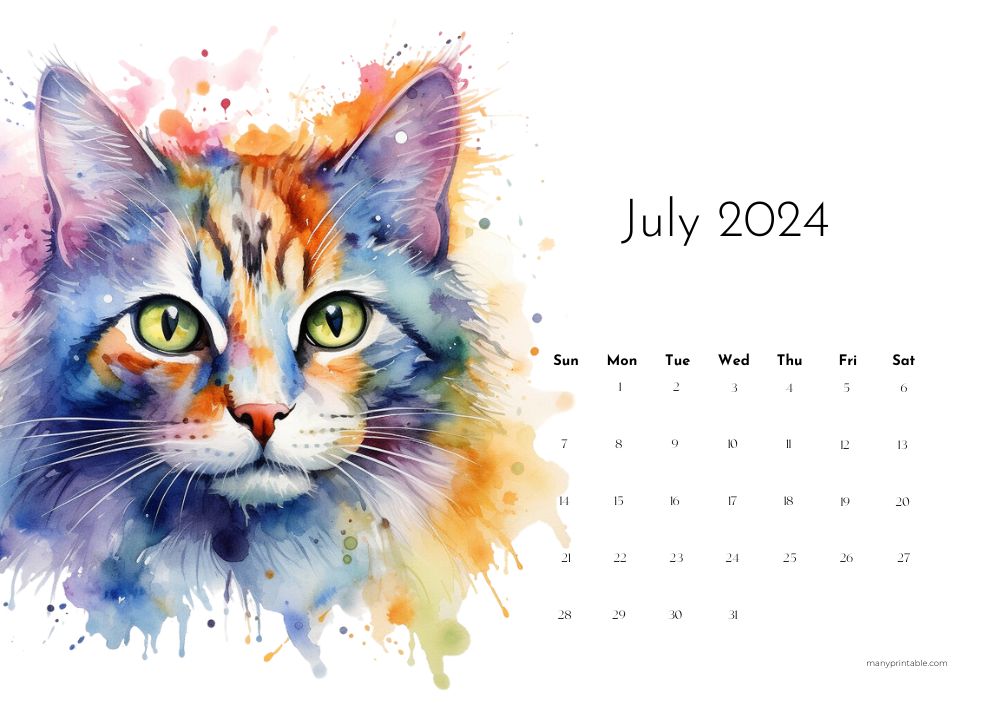 July 2024 Printable Calendar with a Watercolor Cat Painting