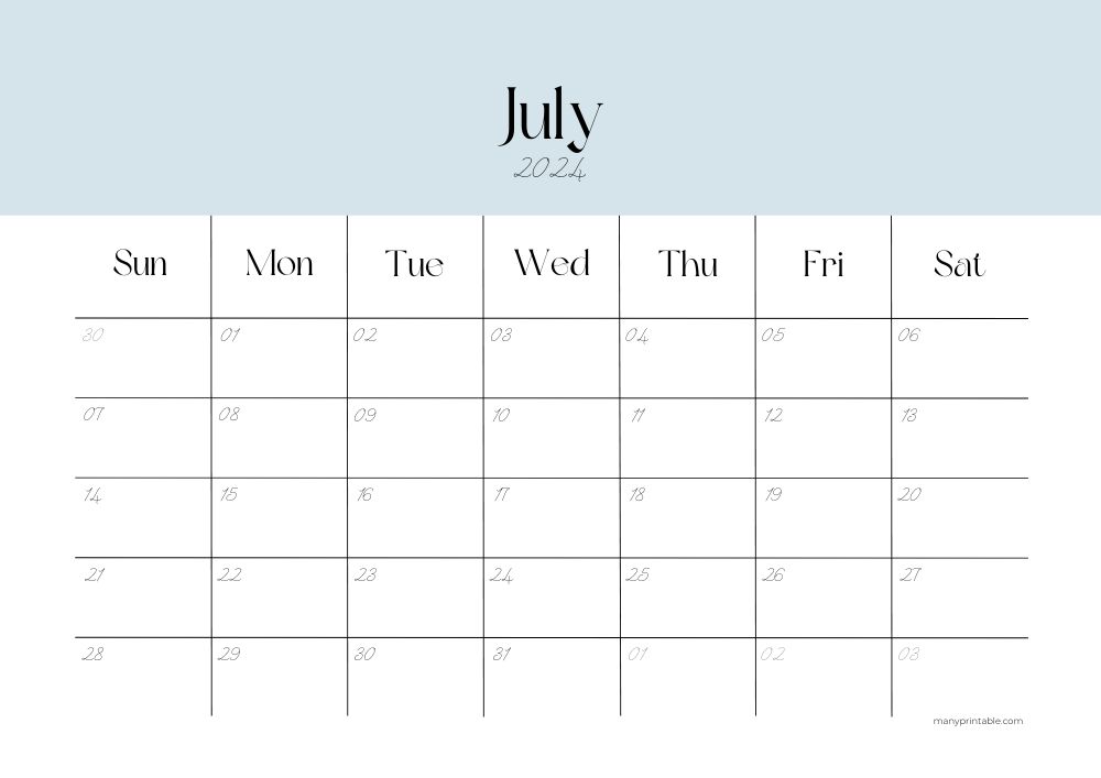 Minimalist 2024 July Printable Calendar with blue header