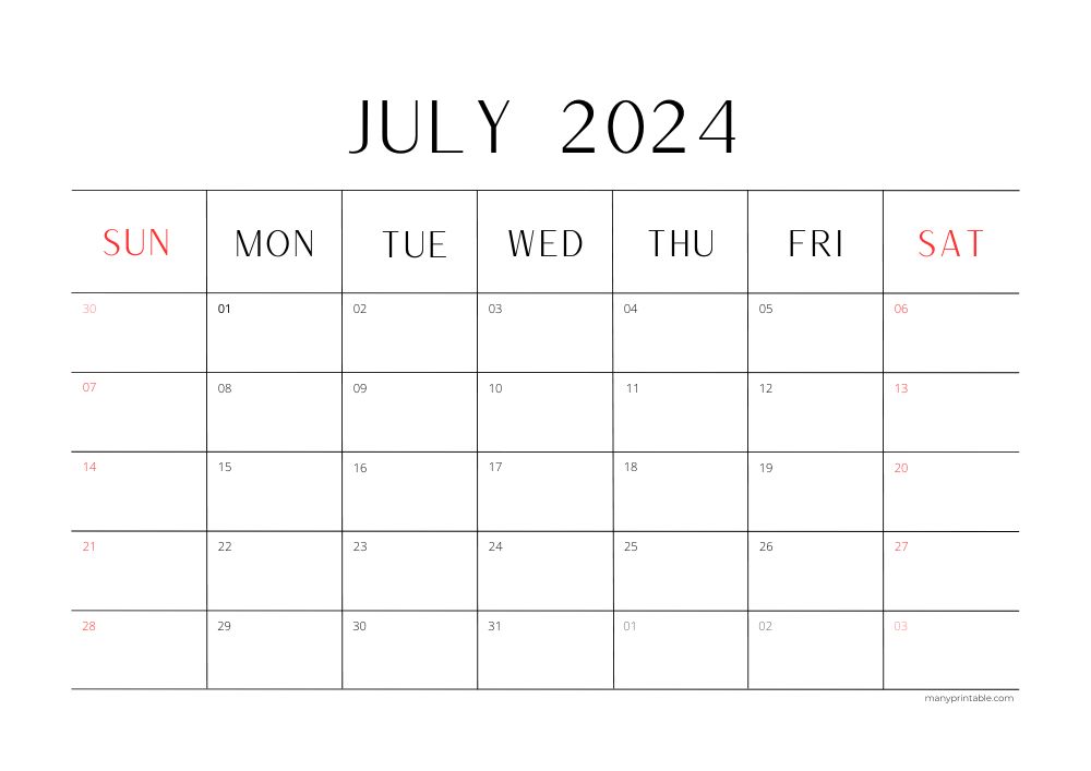 July 2024 Calendar Minimalist landscape layout