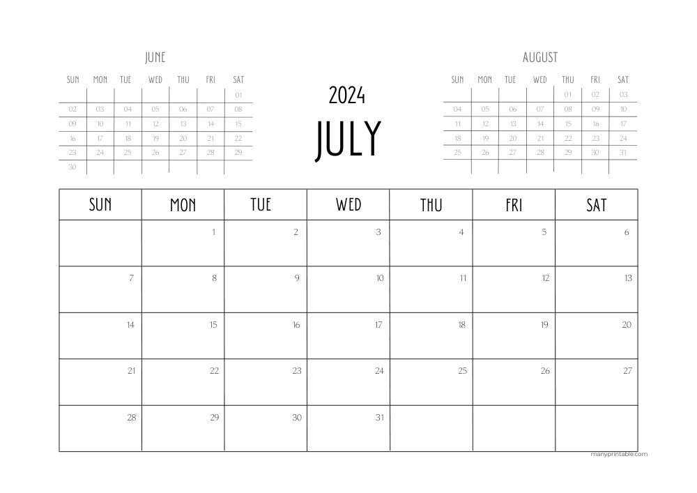 July 2024 Calendar with June and August Preview