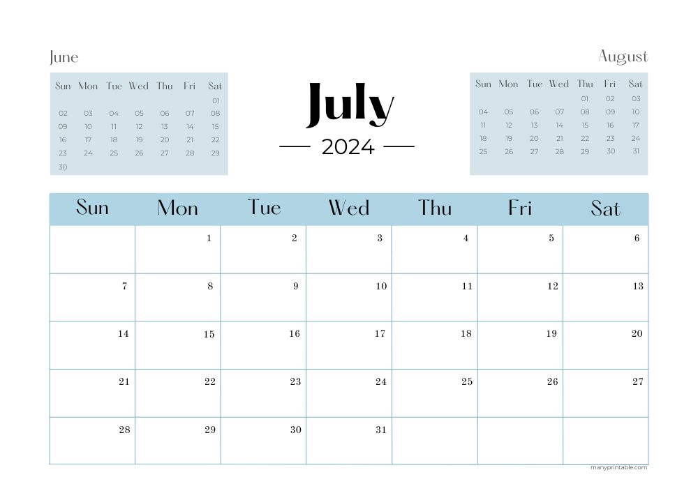 July 2024 Calendar for Print with blue elements