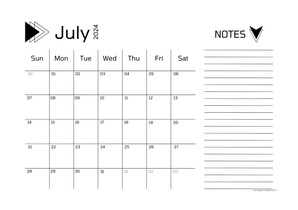 July 2024 Simple Calendar with Notes