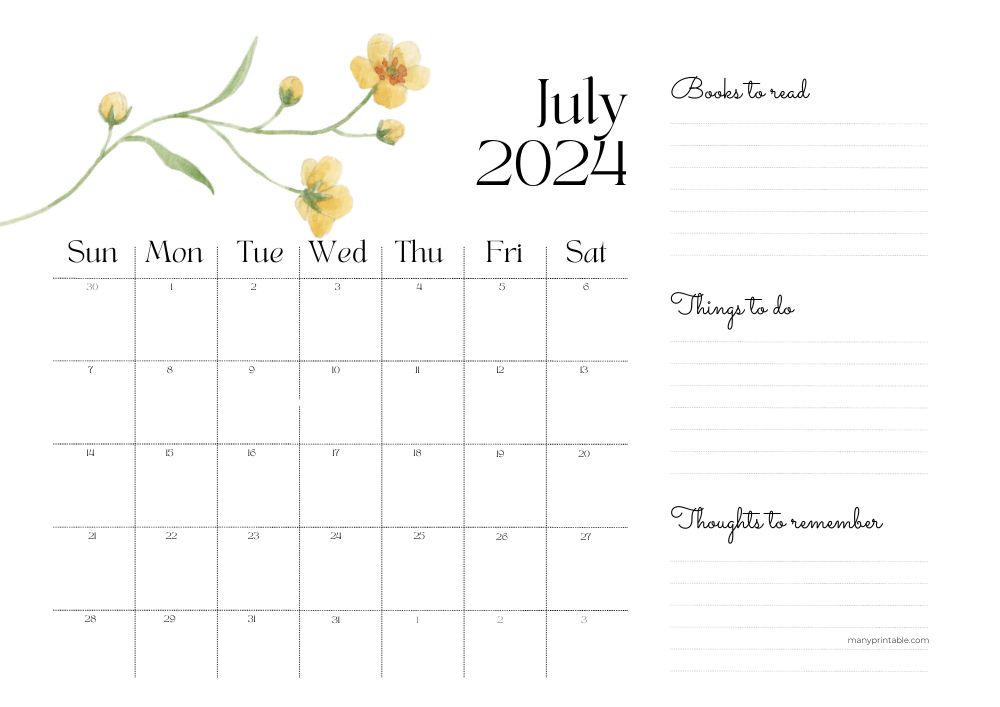 Floral July Calendar with Notes 2024