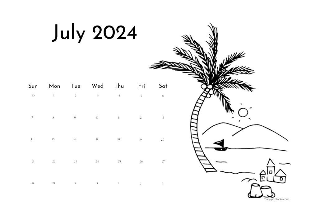 DYI July 2024 Calendar with coloring drawing