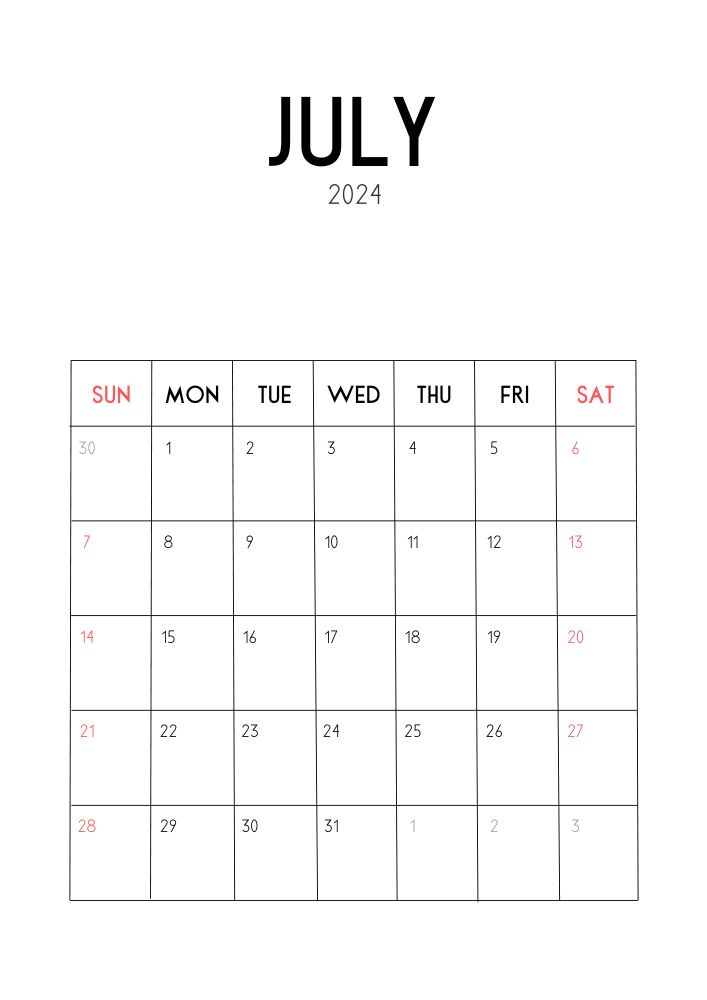 Minimalist Printable July 2024 Calendar with vertical layout