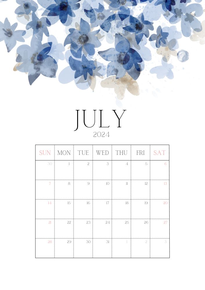 Floral 2024 July Calendar for Print