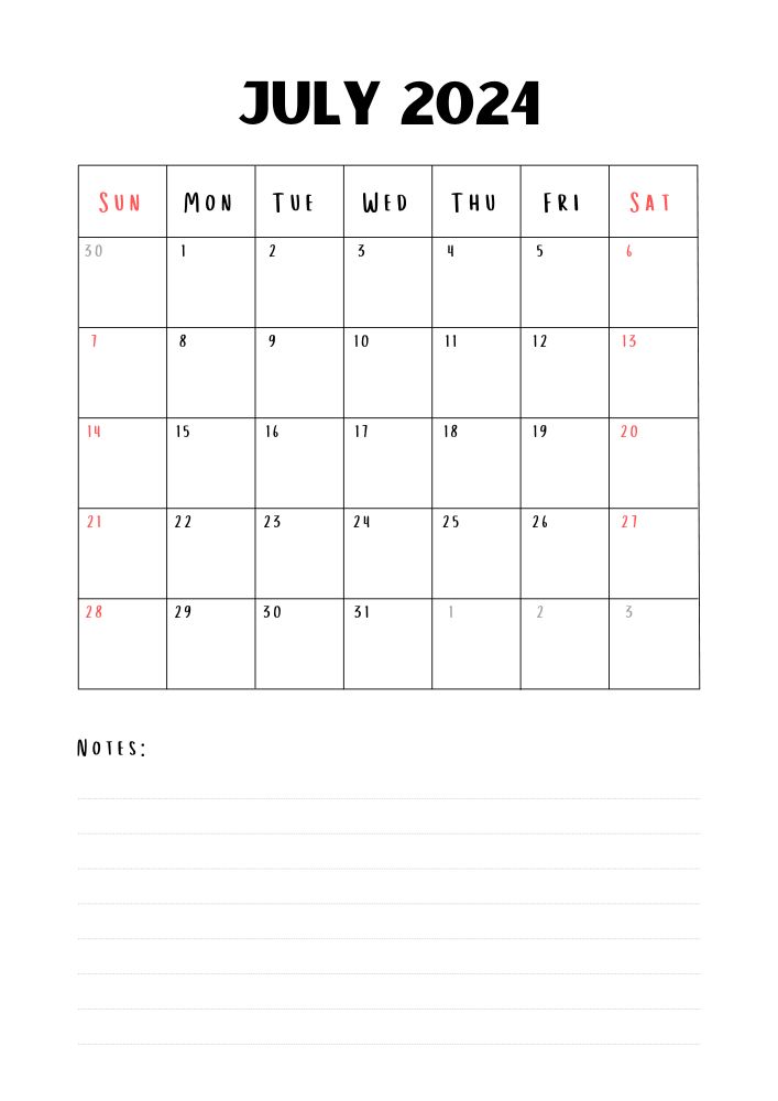 Printable 2024 July Calendar with notes