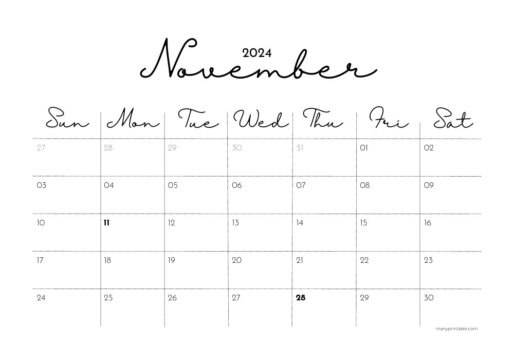 Minimalist November 2024 Calendar in cursive