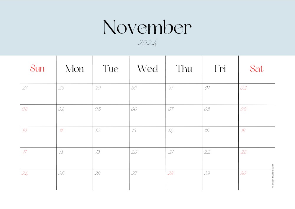 Minimalist November 2024 Calendar with blue header