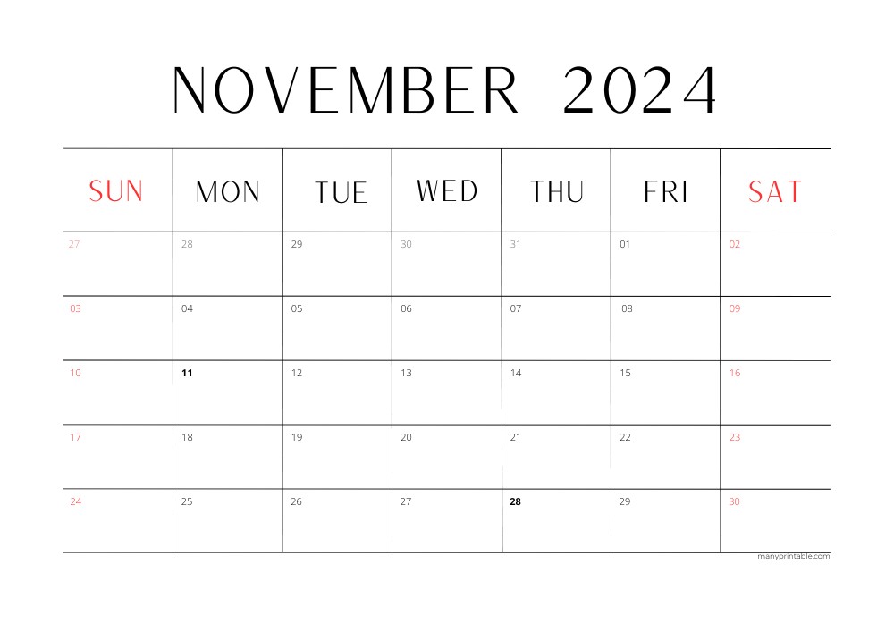Minimalist November 2024 Calendar landscape