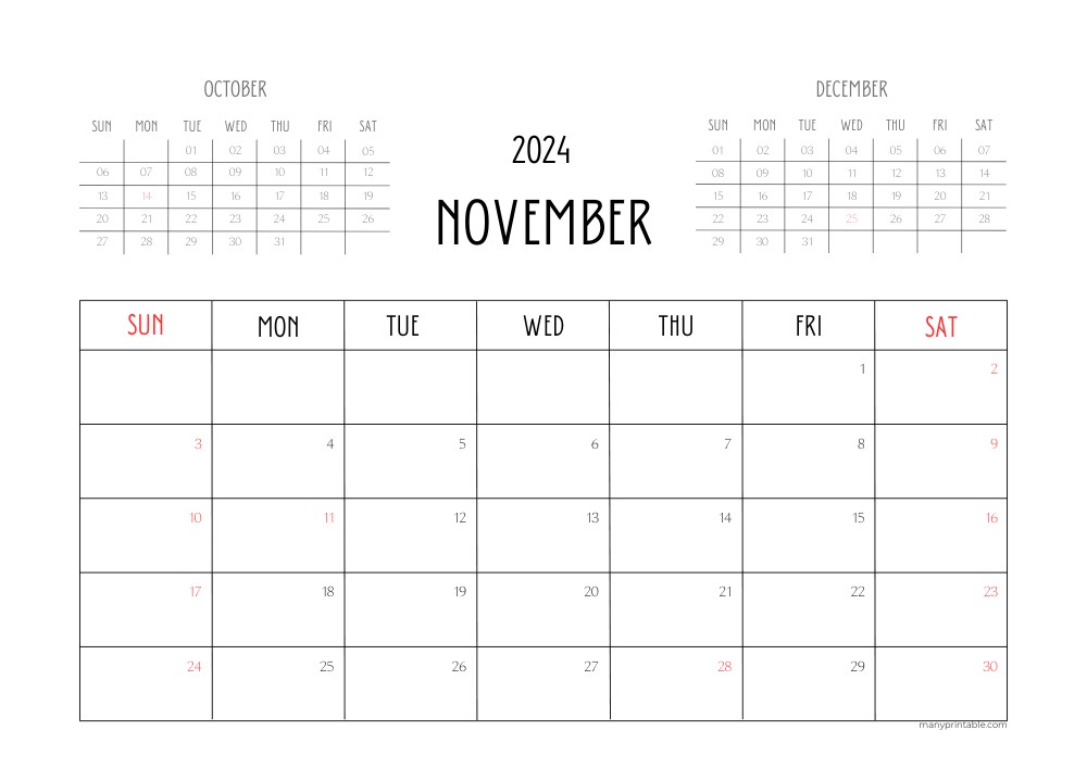 Minimalist November 2024 Calendar with October and December Preview
