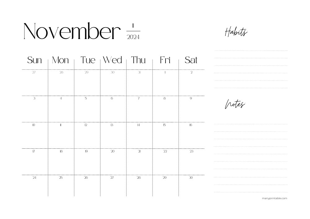 Elegant November 2024 Calendar with lines for notes