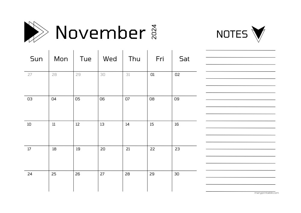 Bold November 2024 Calendar with space for notetaking