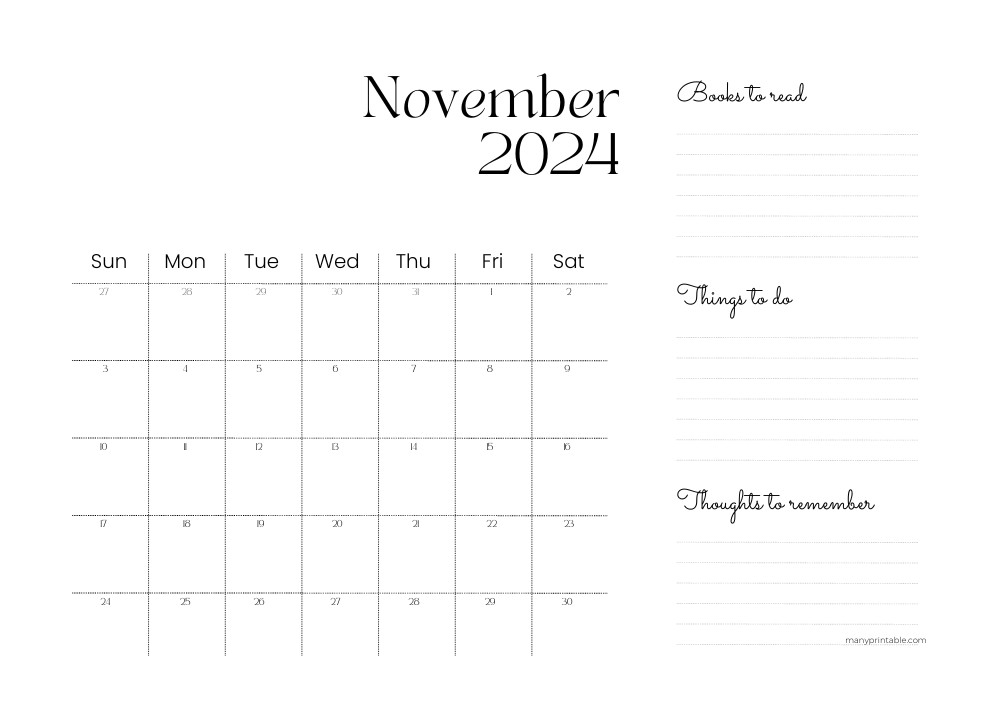 Cursive November 2024 Calendar with lines for to-do and reading lists