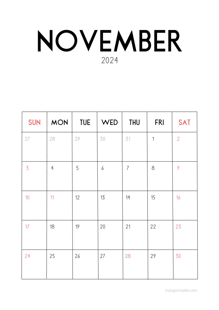 Vertical Minimalist November 2024 Calendar 
