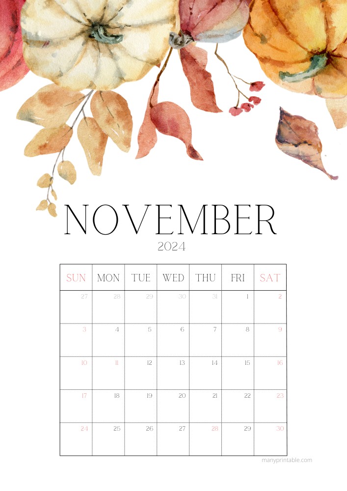 Creative 2024 November Calendar with watercolor fall motifs