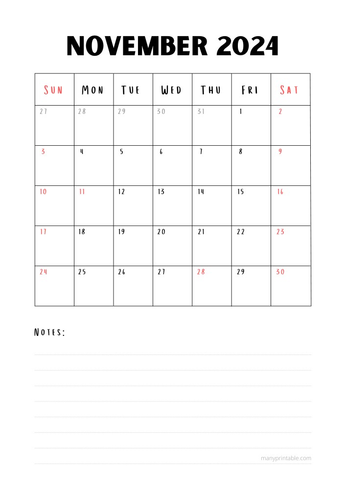 Simple Vertical November 2024 Calendar with notes