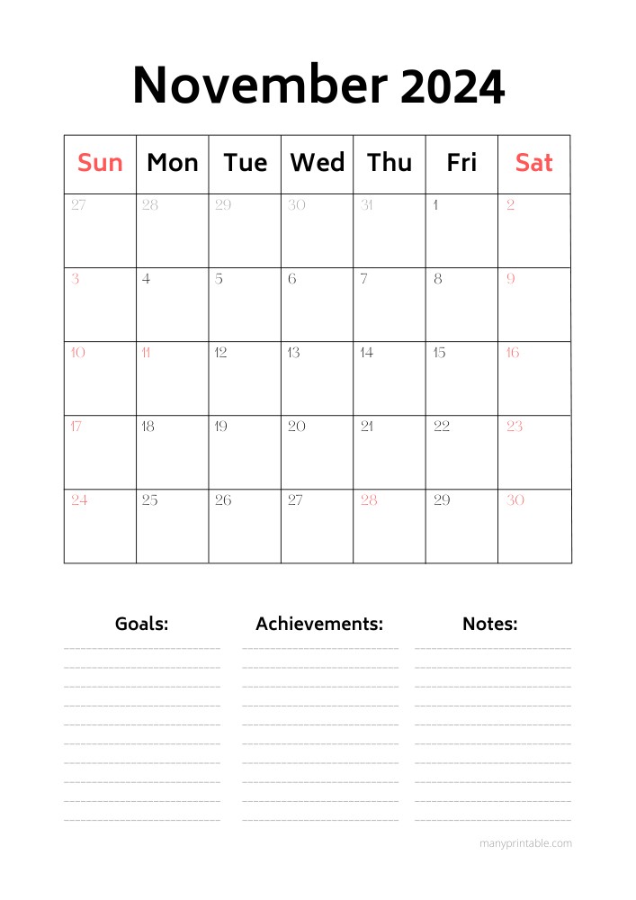 Simple November 2024 Calendar with lines for goals, achievements and notes