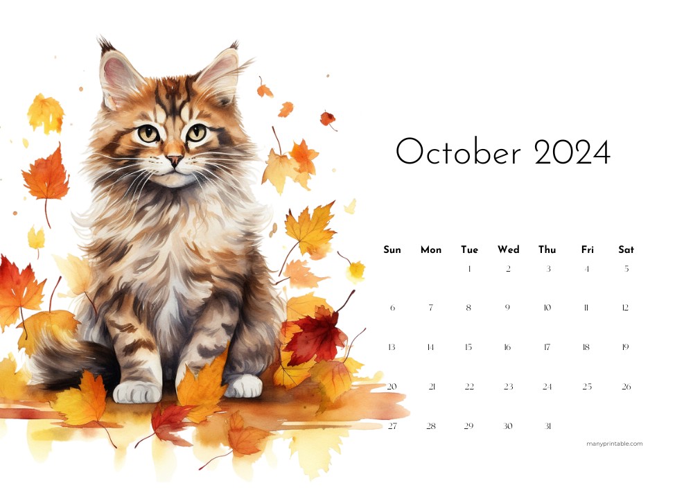 October 2024 Calendar Printable with a watercolor cat drawing