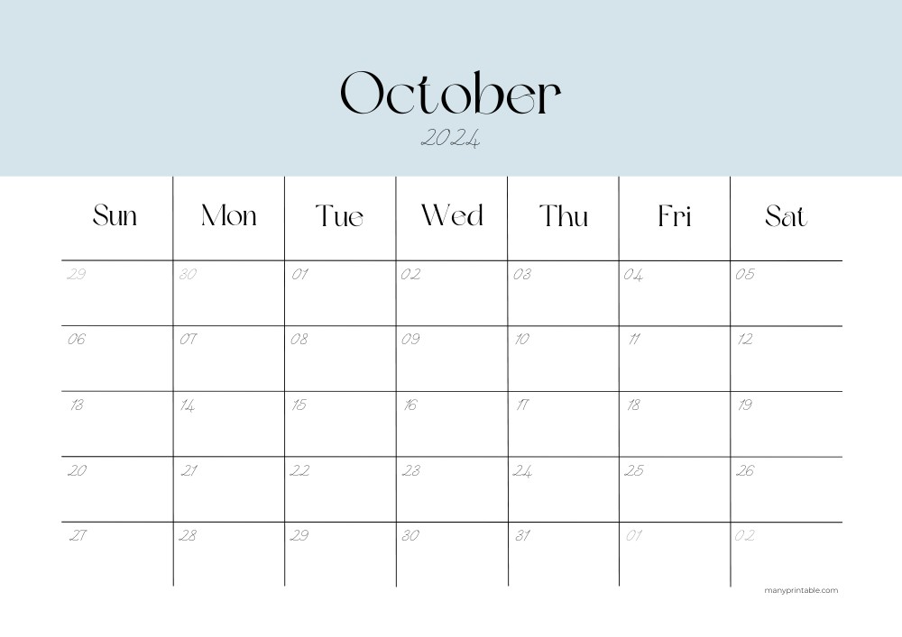 October 2024 Calendar Printable with blue header