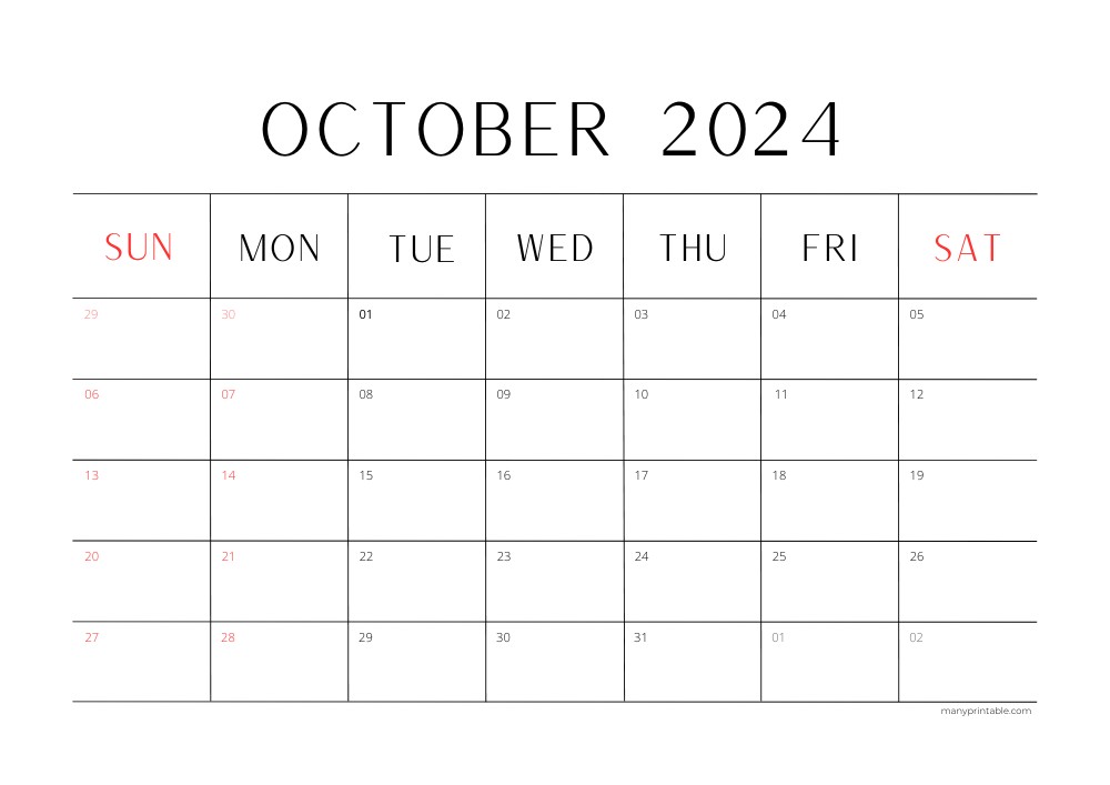Landscape October 2024 Calendar Printable