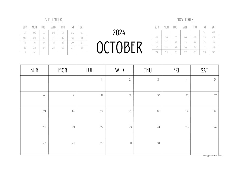 October 2024 Calendar Printable with September and November preview