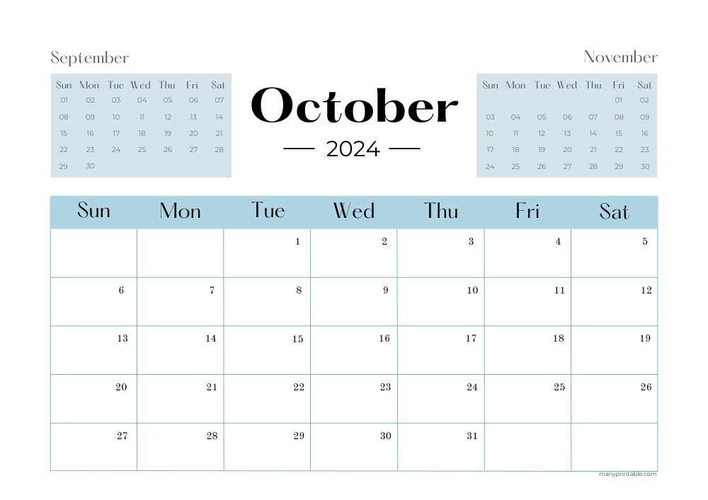 Blue October 2024 Calendar Printable with September and November Preview