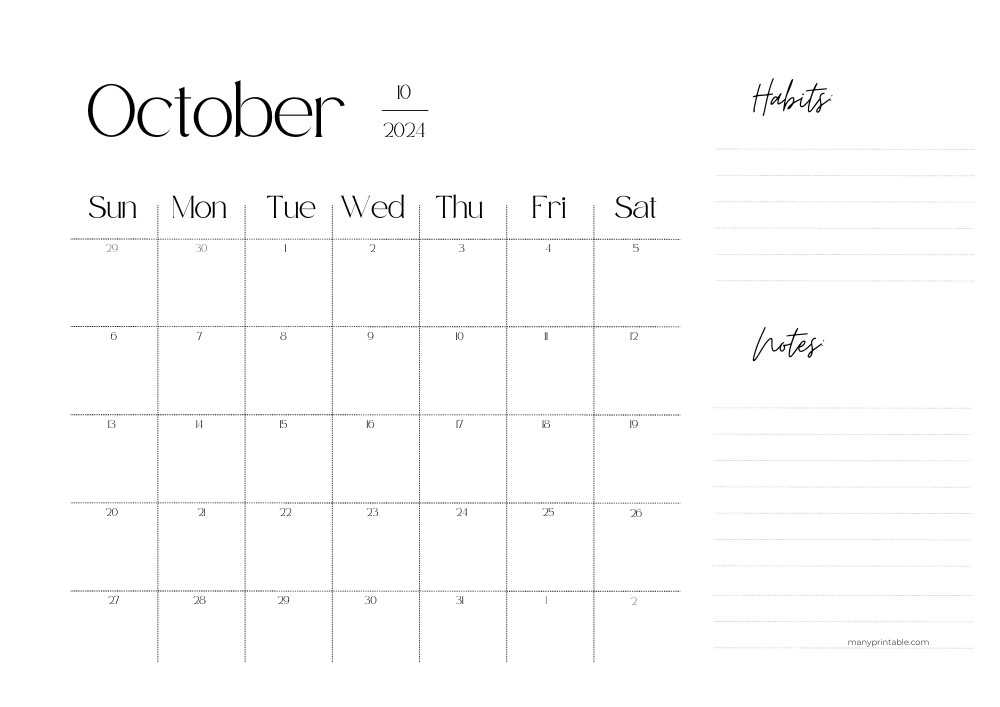 Elegant October 2024 Calendar Printable with lines for notes