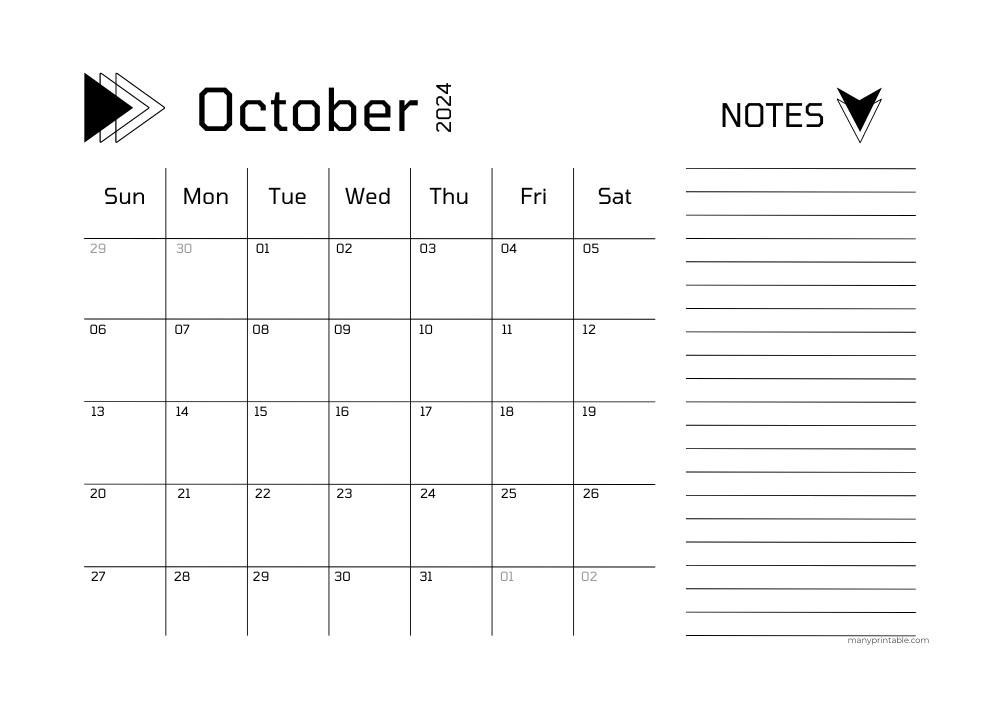 Bold October 2024 Calendar Printable with lines for notes