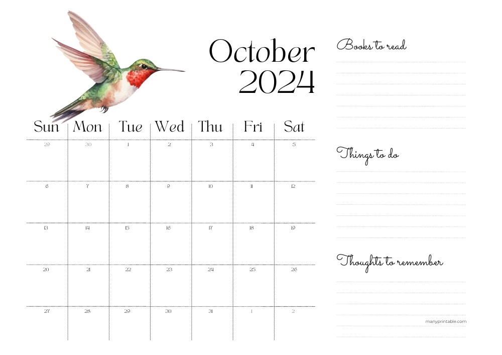 Creative October 2024 Calendar Printable with lines for notes