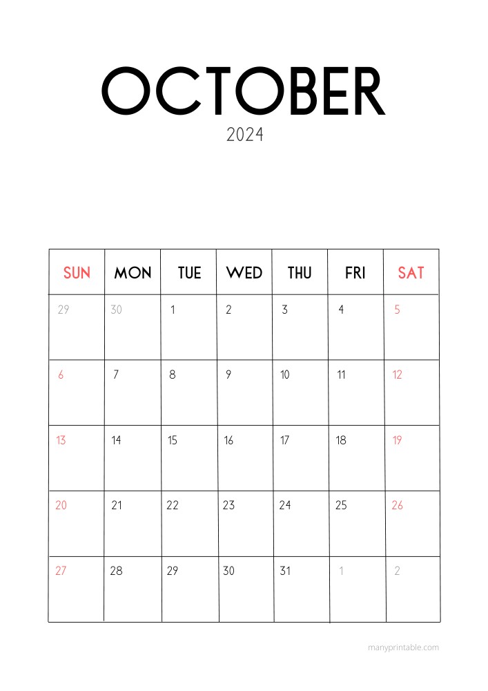 Vertical October 2024 Calendar Printable