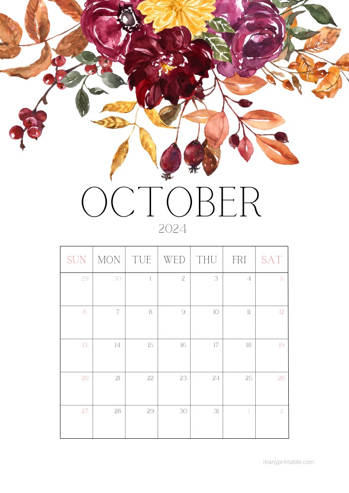 October 2024 Calendar Printable with flower motifs