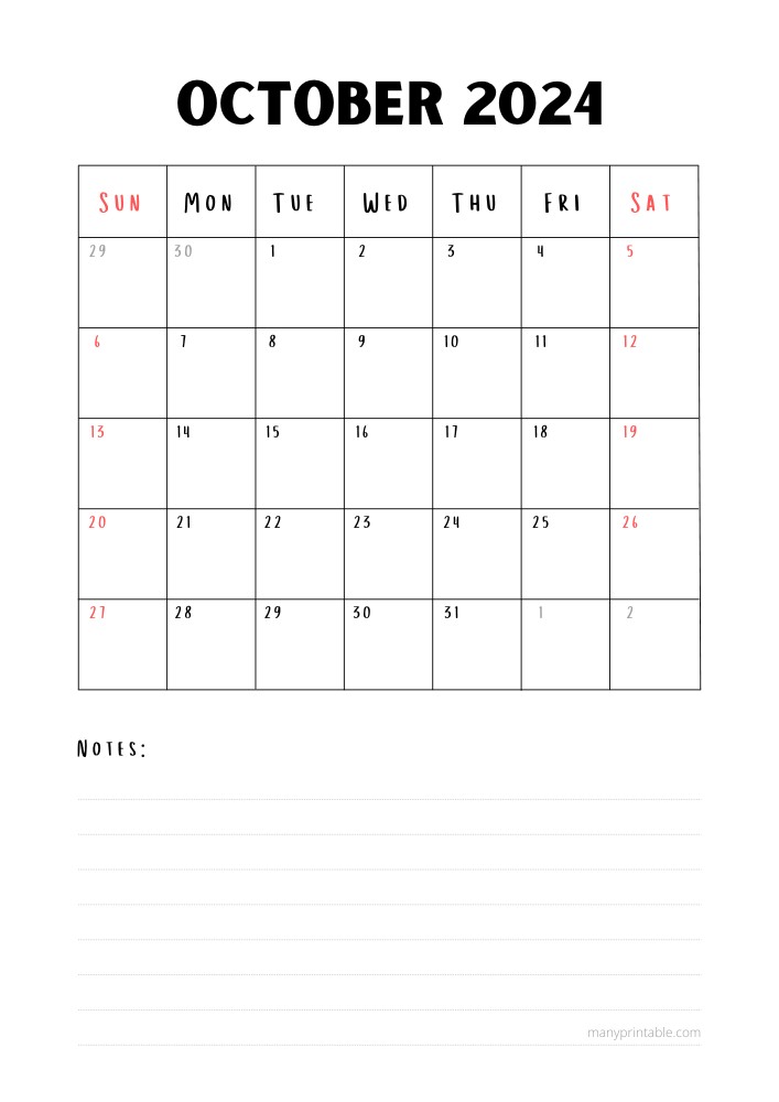 Simple October 2024 Calendar Printable with lines for notes