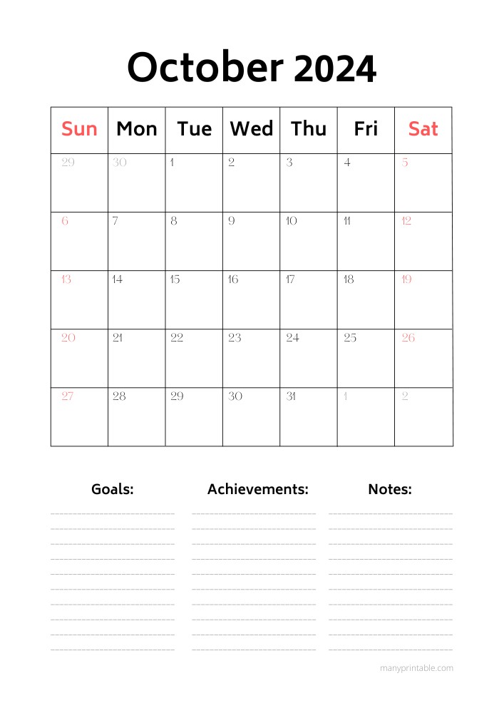 Vertical October 2024 Calendar Printable with lines for notes
