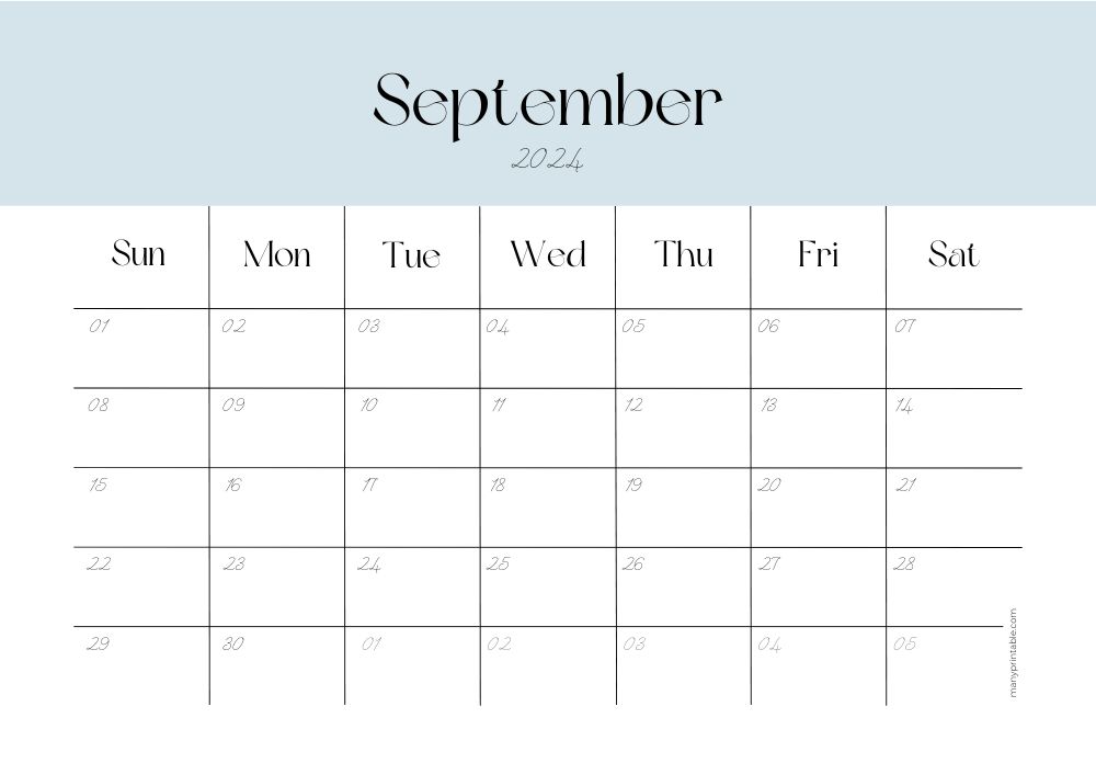 Minimalist September 2024 calendar with blue header