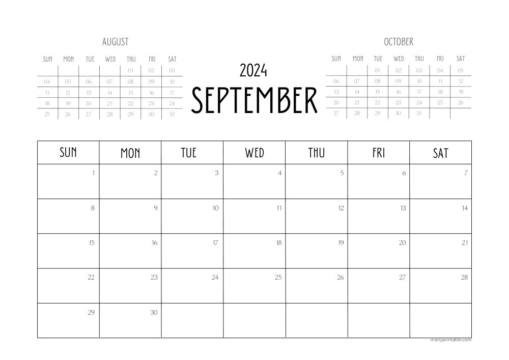September 2024 calendar with August and October preview