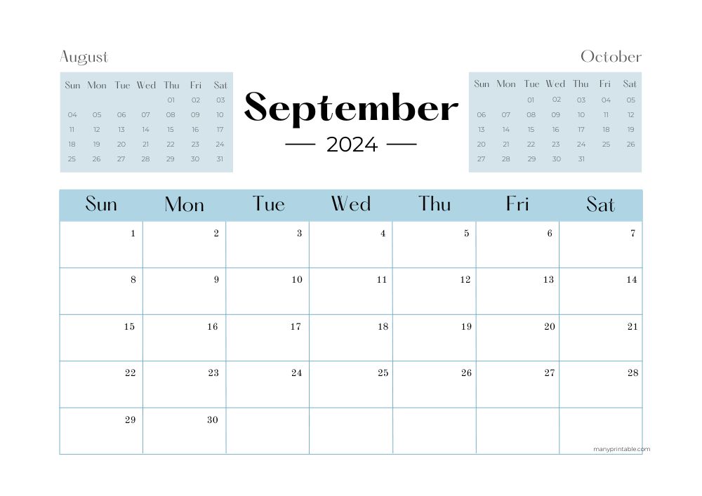 Blue 2024 Calendar for September with August and October preview