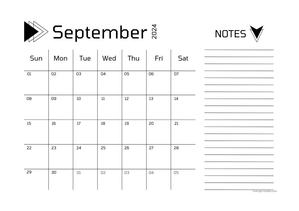 Bold 2024 September printable calendar with lines for notes