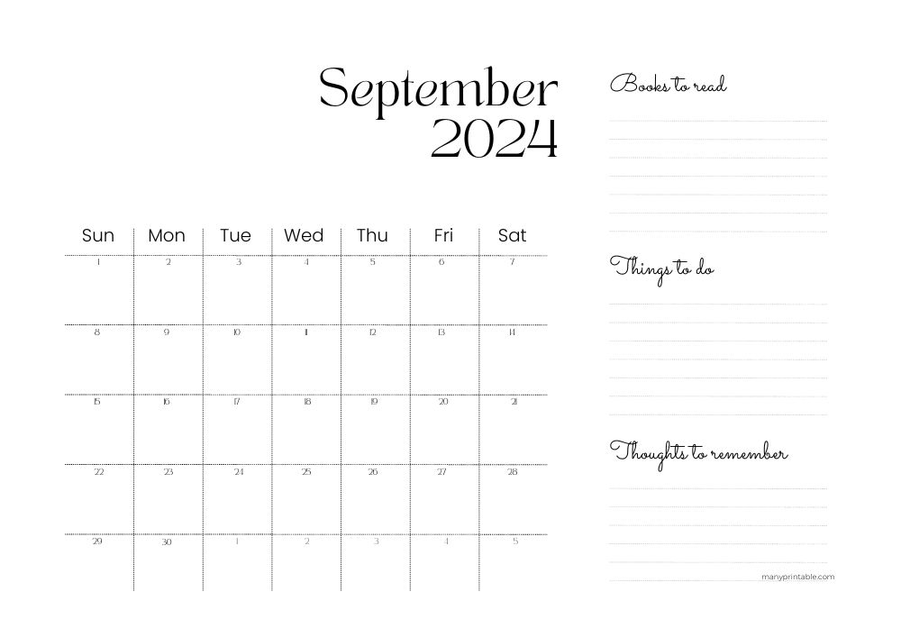 Elegant 2024 September calendar with lines for notes