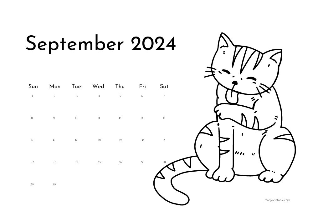 Coloring September 2024 Calendar with cat drawing